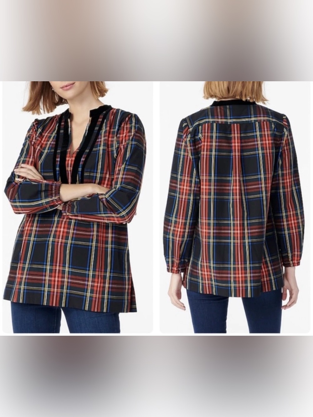 J. Crew Red & Navy Plaid Long-Sleeve Women Tunic with Velvet Trim, M. Like New